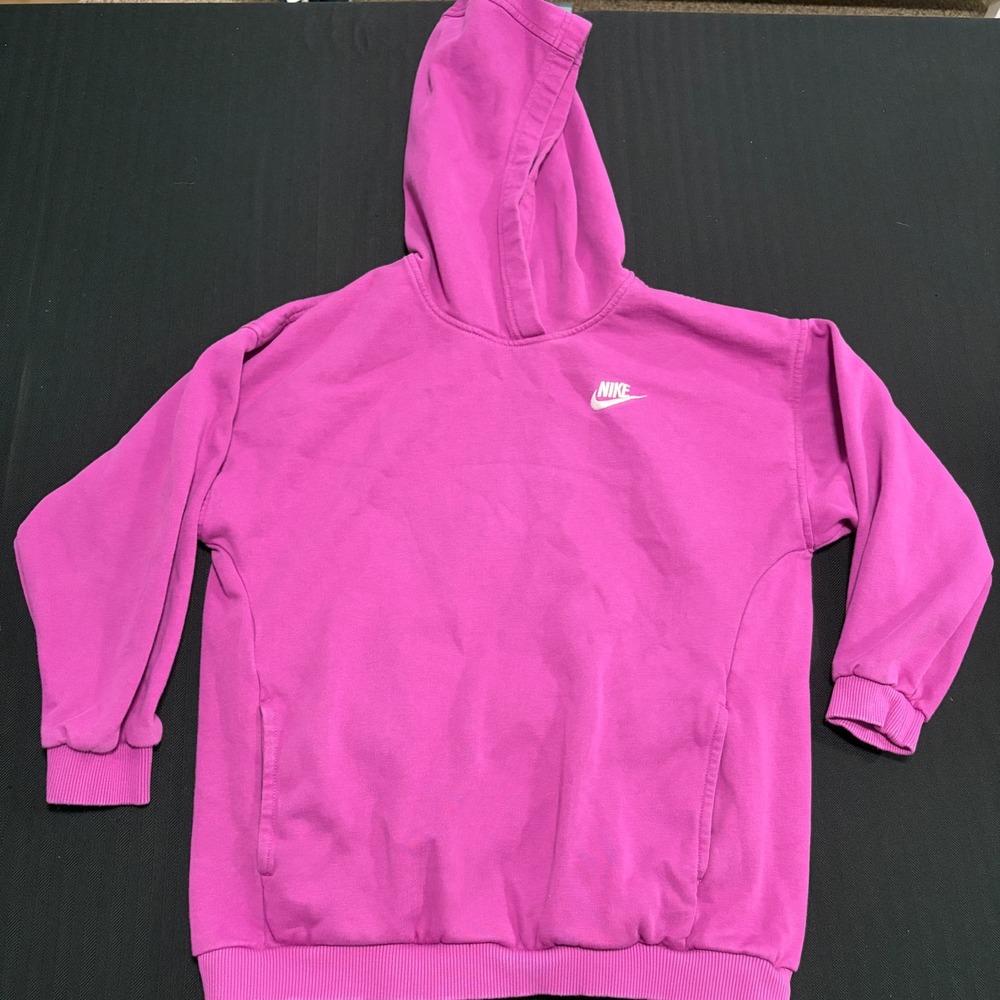 Nike Kids Medium Pink Pullover Hoodie Embroidered Swoosh Fleece Sweatshirt